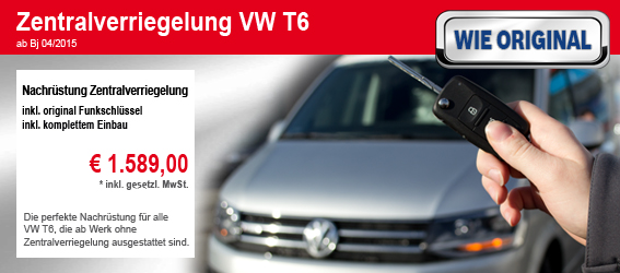 Zentralverriegelung VW T6 Nachrüstung inkl. original Funkschlüssel inkl. kompletten Einbau 1.589,00 € inkl. gesetzl. MwSt.
